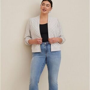 Torrid Light Grey Perforated Zip Up Bomber Jacket in Eyelet Stone Size 5X